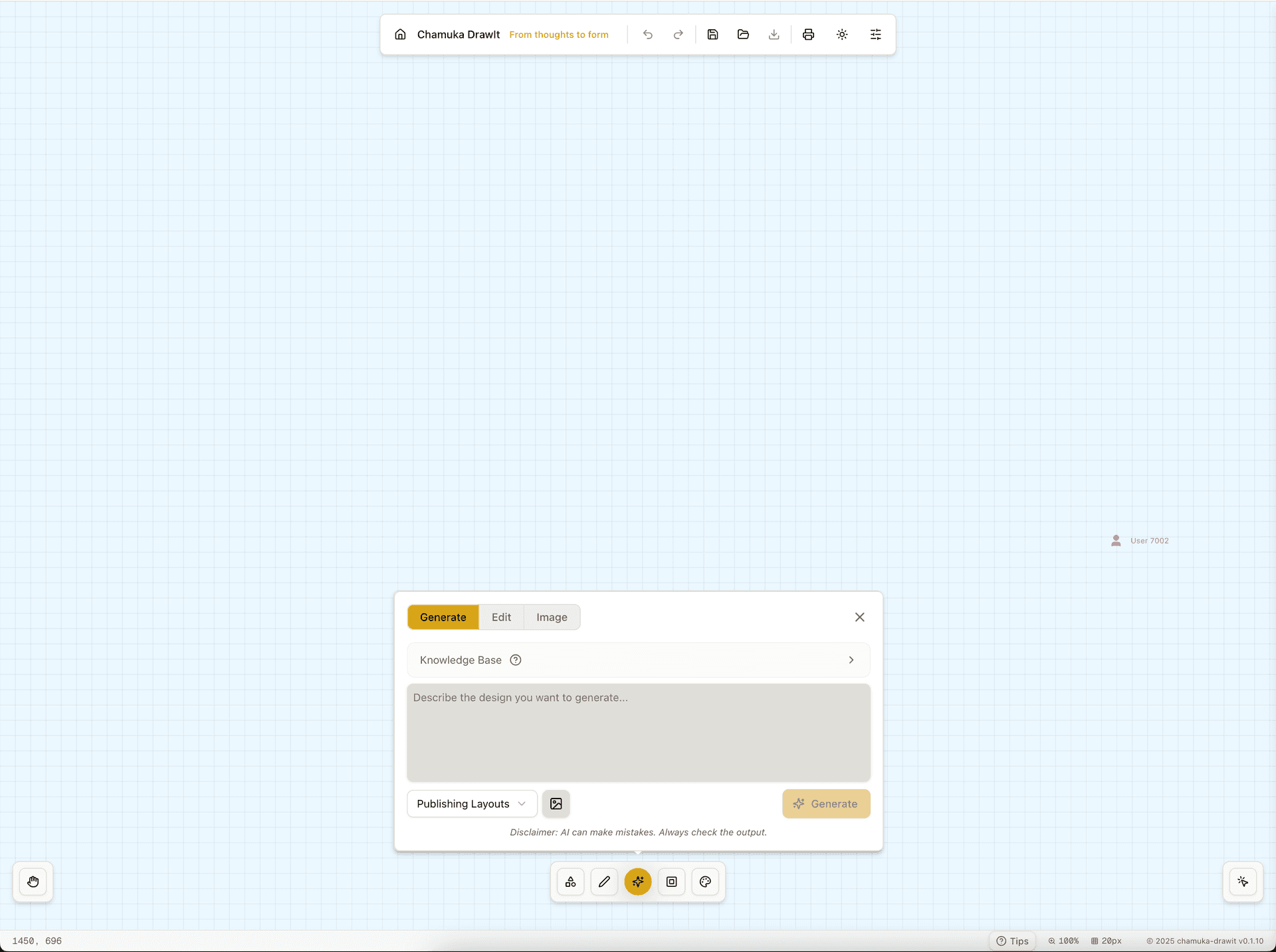Chamuka DrawIt AI-powered design interface showing intuitive canvas with tools for creating illustrations, infographics, and UI designs